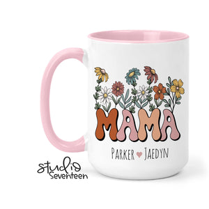 Personalized Mom Coffee Mug With Kids Names, Mama Mug with Boho Flowers, Custom Birthday Gift idea, Mother's Day Gift From Kids