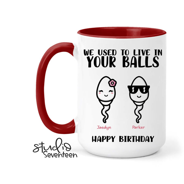 Funny Birthday Coffee Mug For Dad Personalized With Kids Names, We Used To Live In Your Balls Mug, Dad Coffee Cup, Custom Gift For Dad