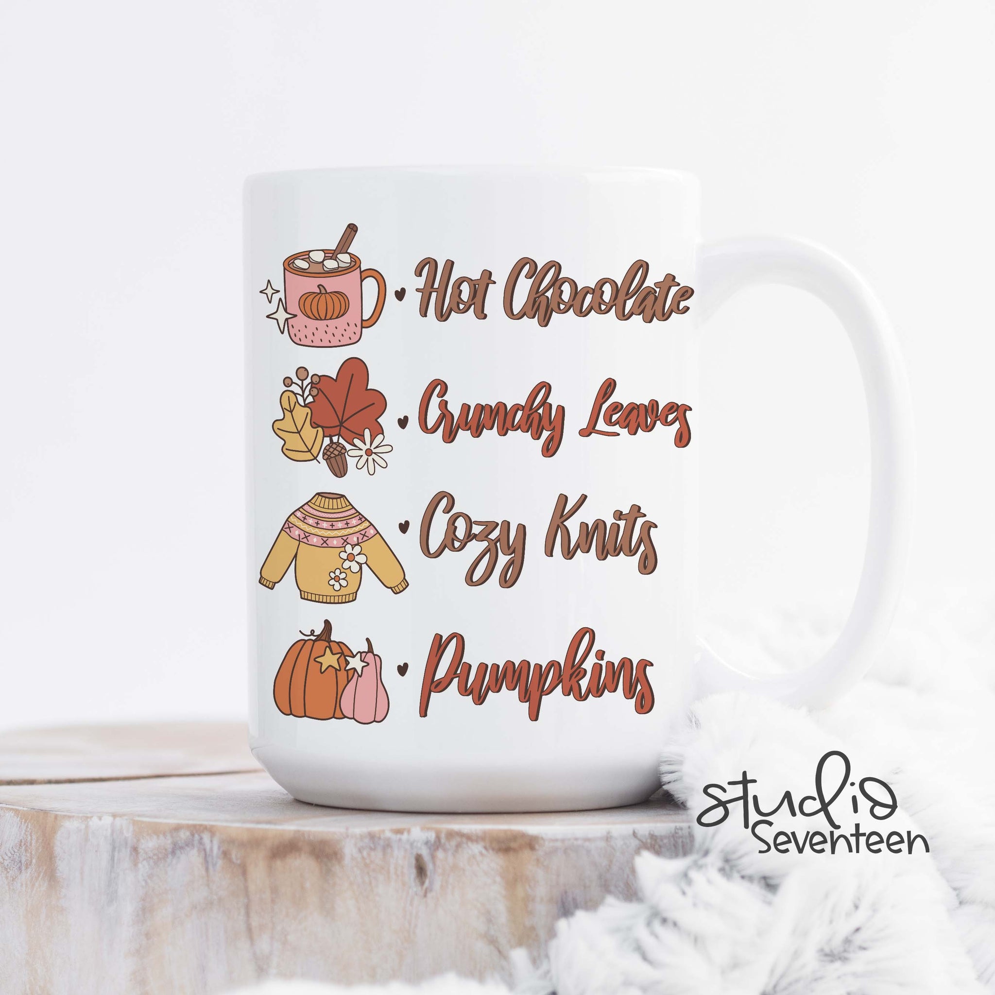 Cute Fall Things Coffee Mug, Hot Chocolate, Crunchy Leaves, Cozy Knits, Pumpkins