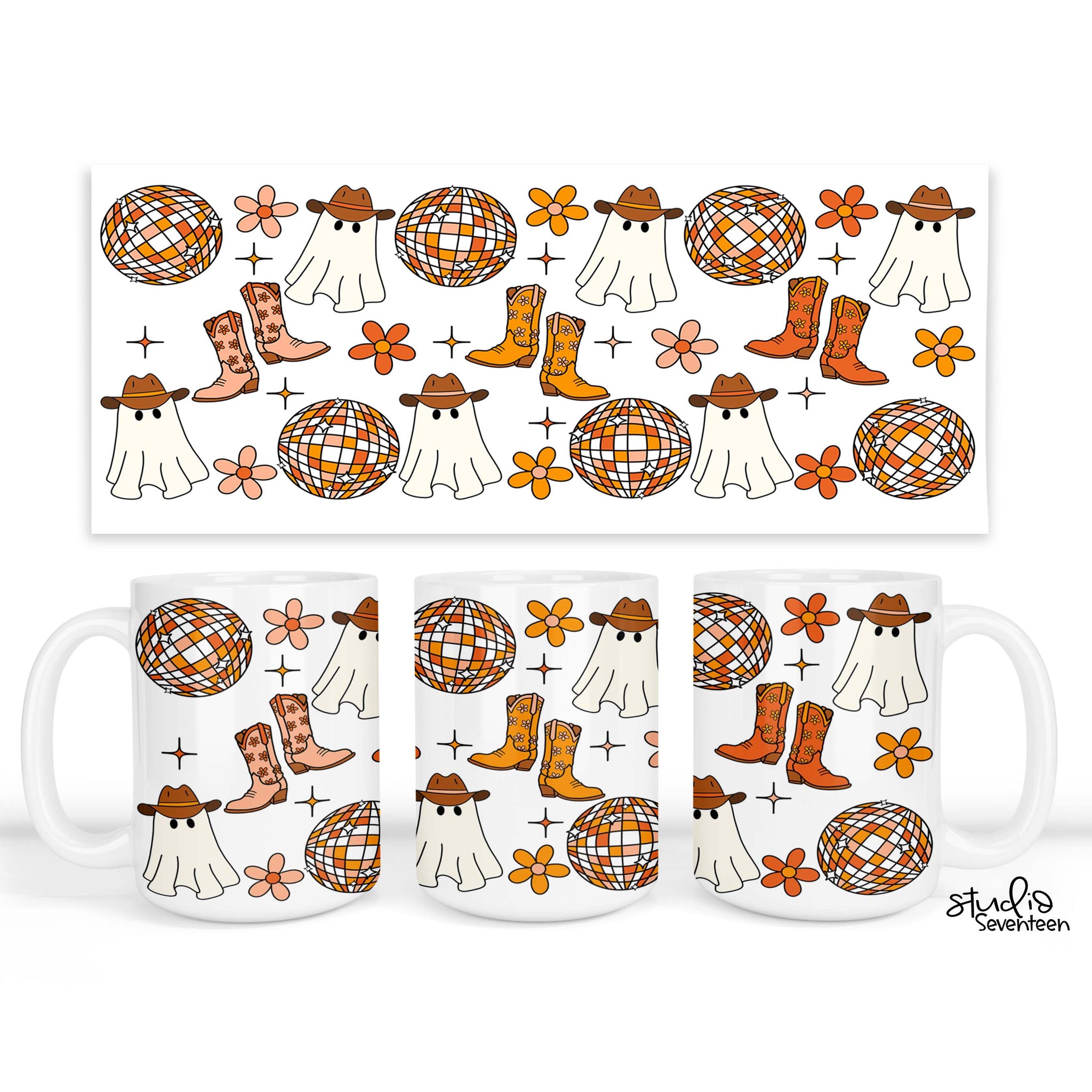 Disco Ghost Halloween Coffee Mug, Spooky Halloween, Country Cowboy Ghost Cup