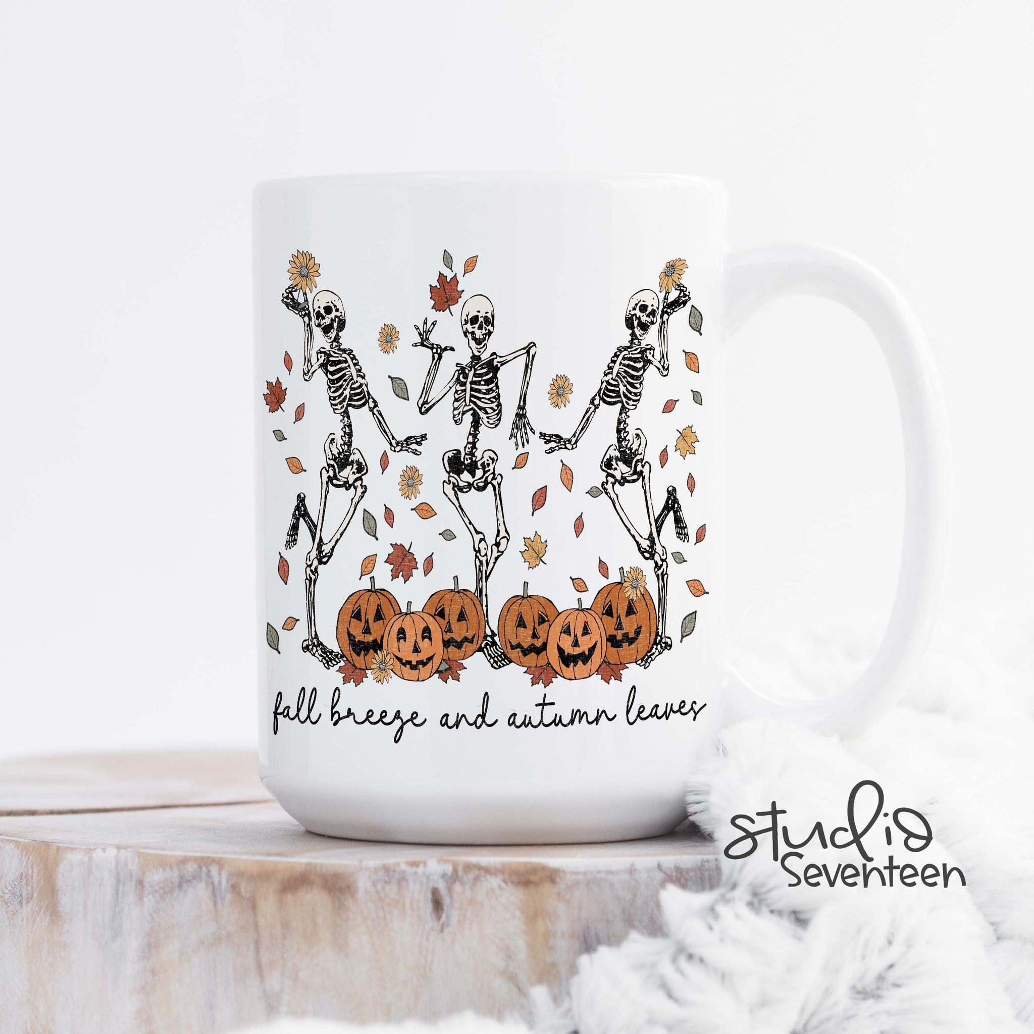 Fall Breeze and Autumn Leaves Halloween Mug with Skeletons and Pumpkins