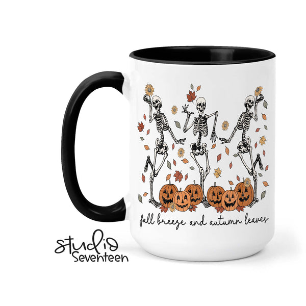 Fall Breeze and Autumn Leaves Halloween Mug with Skeletons and Pumpkins