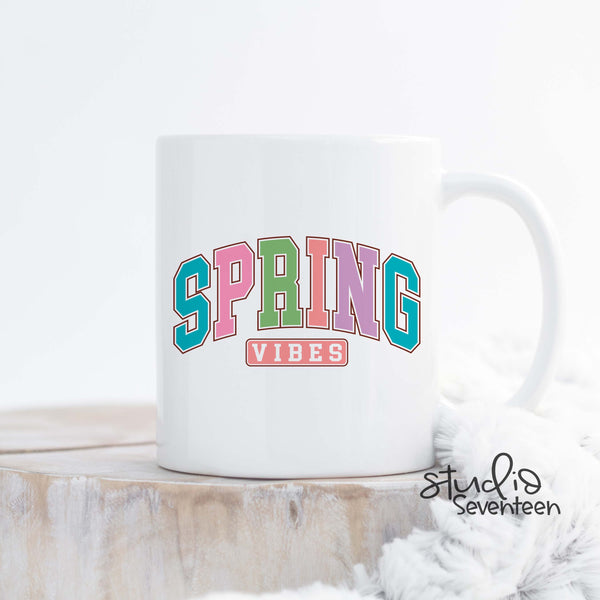 Spring Vibes Varsity Print Coffee Mug, Spring Decor Cup
