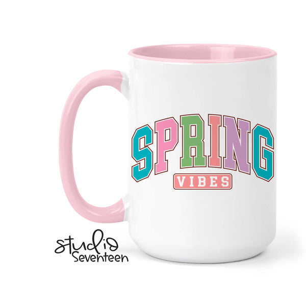 Spring Vibes Varsity Print Coffee Mug, Spring Decor Cup