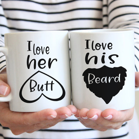 Couples Gift, Gift Set, Funny Coffee Mug, Anniversary Gift, Gift For Boyfriend, Gift For Girlfriend, I Love Her Butt I Love His Beard