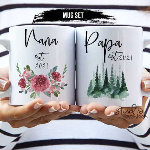 Nana Papa Mug Set, Pregnancy Announcement, Nana Coffee Cup, Papa Coffee Mug, Baby Reveal, Est. 2019, Grandparents Gift