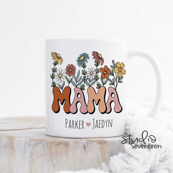 Personalized Mom Coffee Mug With Kids Names, Mama Mug with Boho Flowers, Custom Birthday Gift idea, Mother's Day Gift From Kids