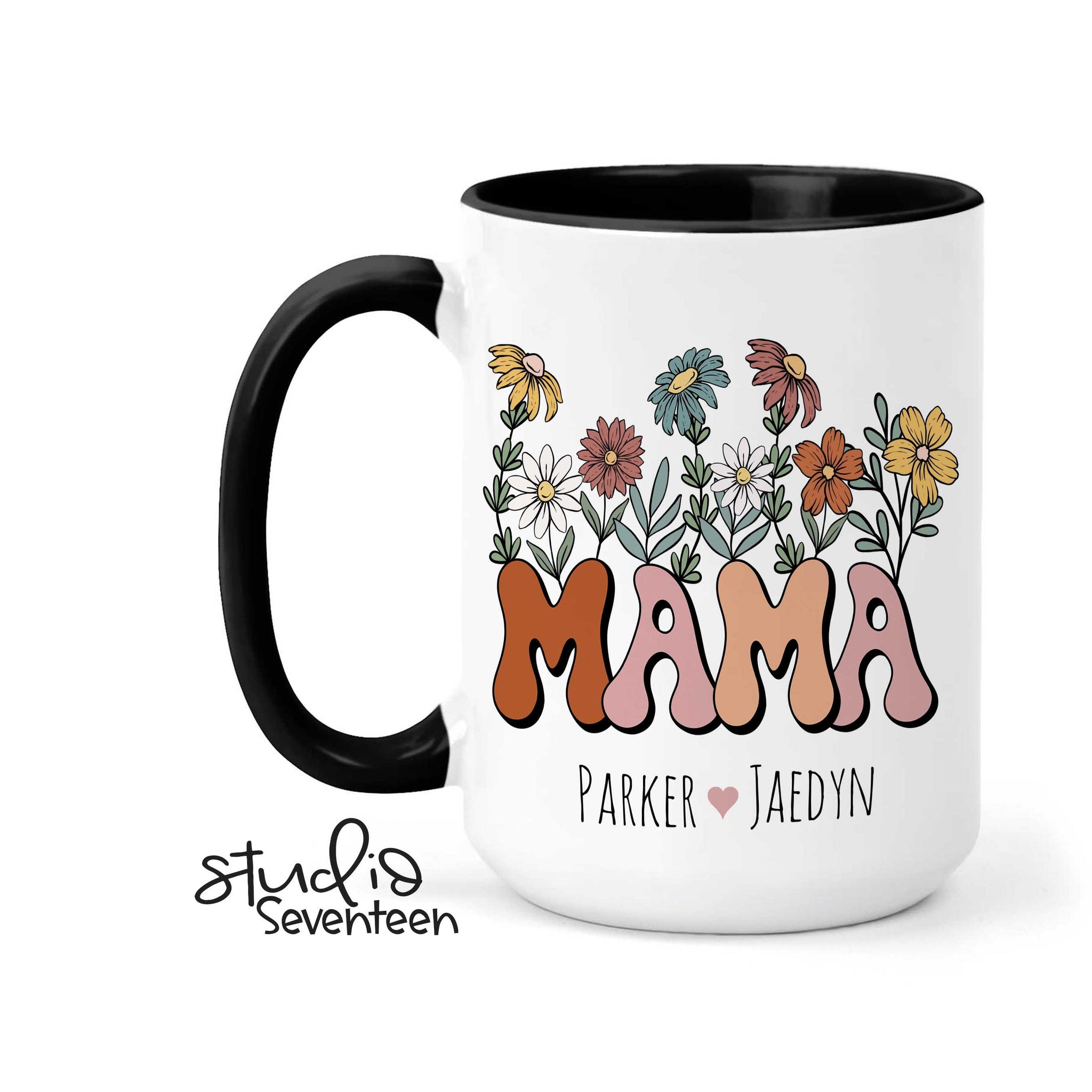 Personalized Mom Coffee Mug With Kids Names, Mama Mug with Boho Flowers, Custom Birthday Gift idea, Mother's Day Gift From Kids