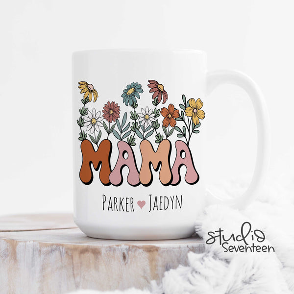 Personalized Mom Coffee Mug With Kids Names, Mama Mug with Boho Flowers, Custom Birthday Gift idea, Mother's Day Gift From Kids