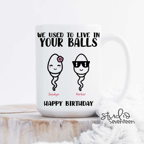 Funny Birthday Coffee Mug For Dad Personalized With Kids Names, We Used To Live In Your Balls Mug, Dad Coffee Cup, Custom Gift For Dad